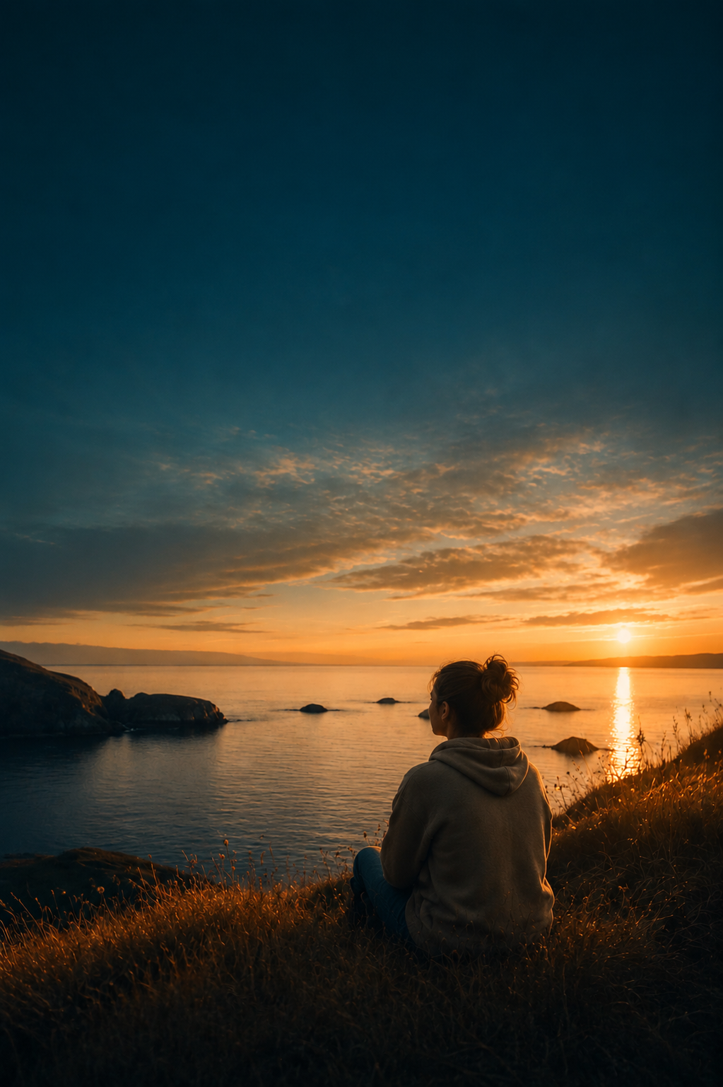 A woman sitting on a grassy cliff watching the sunset over calm water